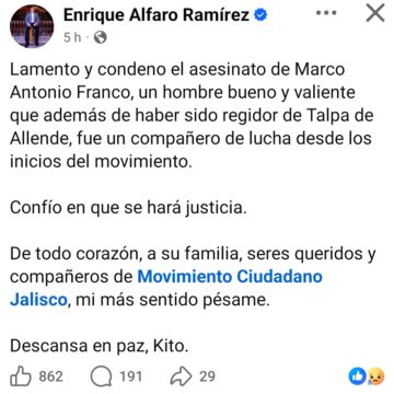 Enrique Alfaro lamenta asesinato del regidor Kito Franco