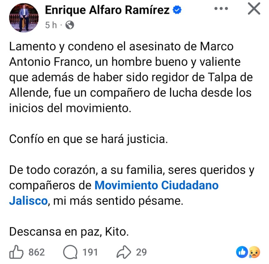 Enrique Alfaro lamenta asesinato del regidor Kito Franco